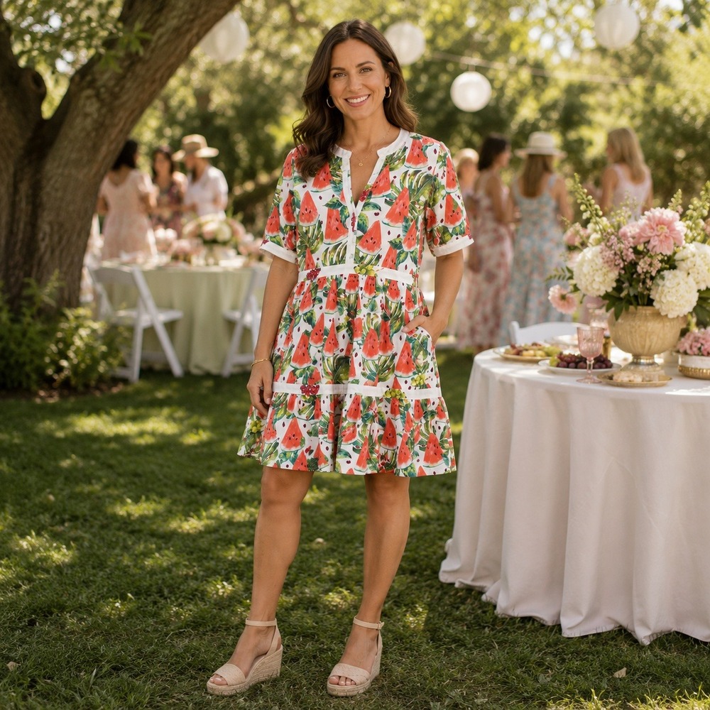 Be‎ Boho Mini Dress Women Large White Watermelon Print Cotton Tiered Pockets